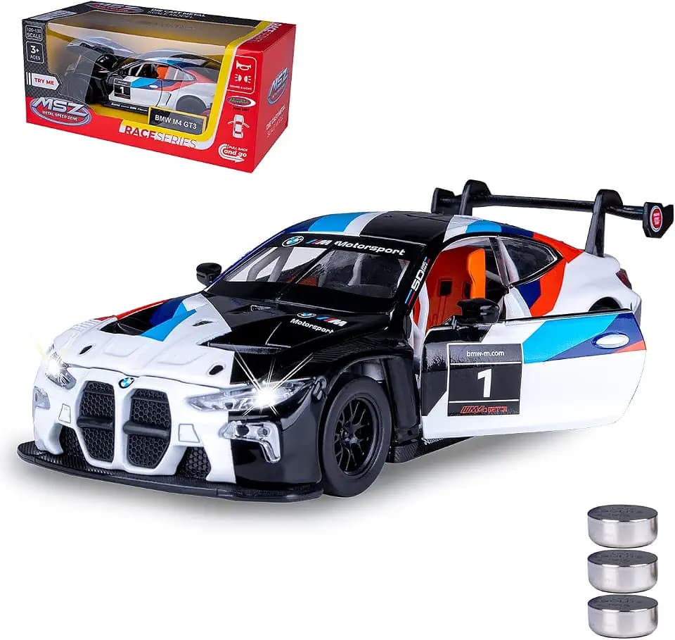 JAMARA 402630 BMW M4 GT3 Diecast 1:32 inkl. Knopfzellen - Modellauto Spielzeug, Kinder Car, Model Miniatur Fahrzeuge, Geschenkidee für Kinder, Türen Manuell öffnen/schließen