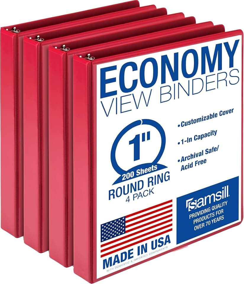 Samsill 1 Inch 3 Ring Binders, Economy Round Ring, Clear View Cover, 200 Sheet Capacity - for School, Home, Office - Red, 4 Pack
