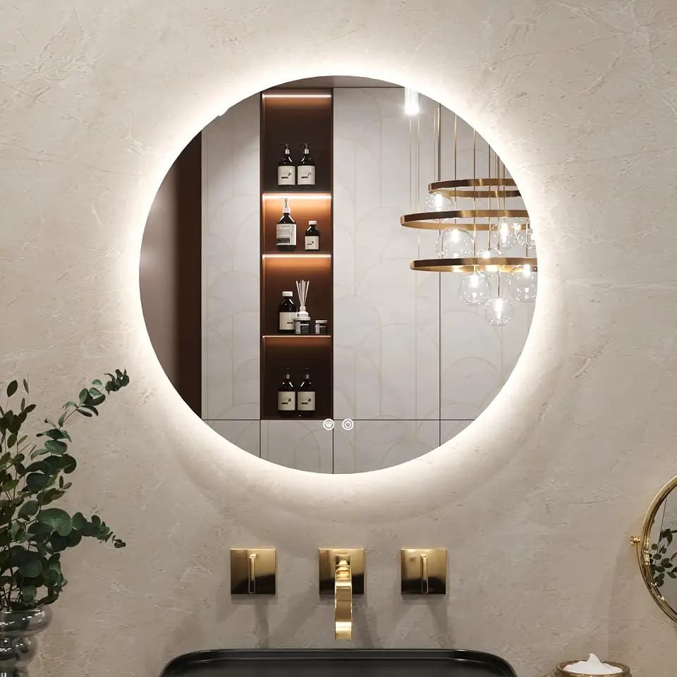 Keonjinn Badspiegel mit Beleuchtung Rund 60cm, Badezimmerspiegel mit Beschlagfrei Touch Schalter Speicherfunktion 3 Lichtfarben Dimmbarer LED Bad Spiegel Ohne Rahmen Badezimmer Wandspiegel