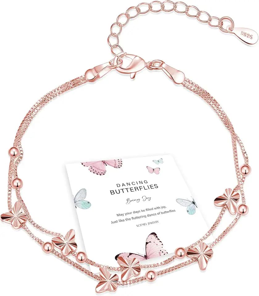 Armband Silber 925 für Damen Schmetterlinge Armband Rosegold Damen mit Perlen Verstellbare Layered Armband Damen Freundschaftsarmbänder Geschenke für Frauen, 17,7 Zoll
