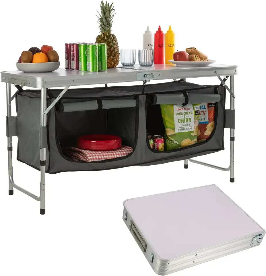 Folding Camping Table with Storage - Lightweight and Portable Aluminum Camp Table with Adjustable Height for Outdoor Travel, Beach, BBQ, Party, Picnic, and Glamping by Wakeman Outdoors