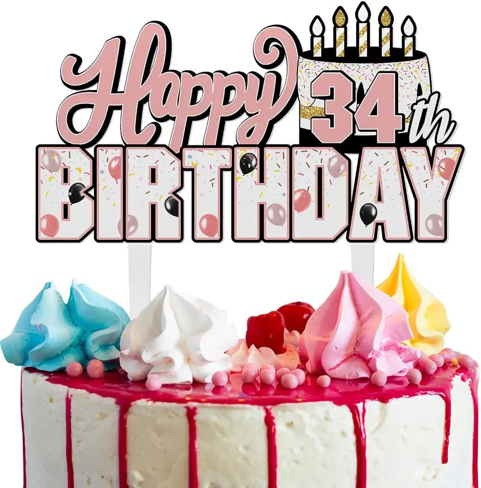 LINGTEER Happy 34th Birthday Pink Acrylic Cake Topper,Pink Theme Birthday Cheers to 34 Years Old Party Cake Decorations Gift Sign.