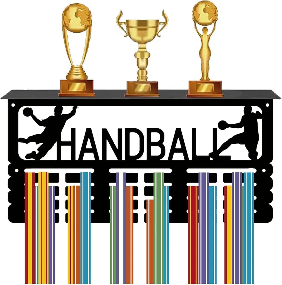 CREATCABIN Medaillen-/Trophäenhalter,Handball-Medaillenaufhänger Ablage,Schwarzer Sportständerrahmen,Eisen-Wandhalterung,Metall-Medaillenschaukasten,Haken Zum Aufhängen von Medaillen,40x20x10cm