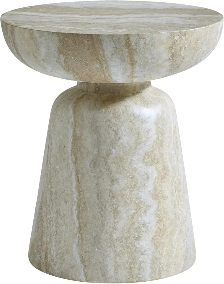 Round Accent Side Table with Bowl Top, Fiberglass with Sticker Finish, Modern Pedestal End Table for Living Room (Beige)