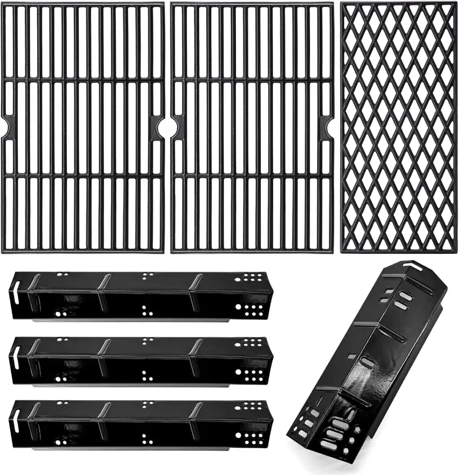Hiorucet Grill Replacement Parts for Dyna Glo 4 Burner DGH450CRP, DGH450CRP-D, 70-01-911 Cast Iron Grill Grates, 70-02-411, 70-02-412 Porcelain Steel Heat Plates, Grill Parts Kit for Dyna-Glo Grill
