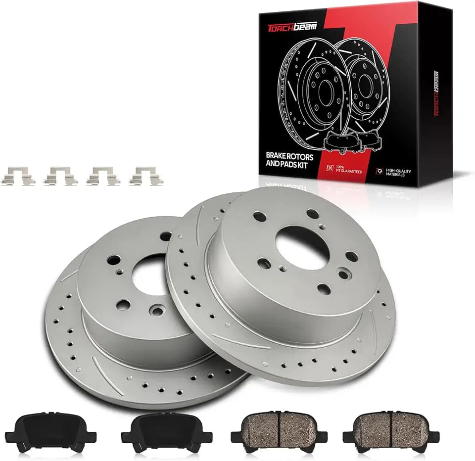 Torchbeam Rear Brake Pads and Rotors for Toyota Camry 3.0L/2.4L 2002-2006, 3.3L 2004-2006,2pcs Drilled Slotted Solid Disc Brake Rotor 10.58in (268.9mm), 4pcs Ceramic Brake Pads #31322 D828