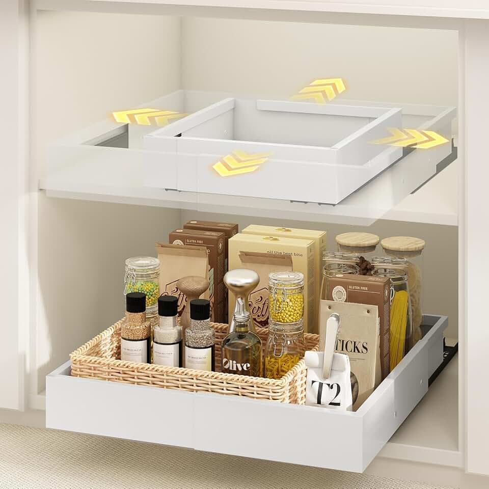 2 Stück Kleine Teleskopschublade, 4 Richtungen Ausziehbare Breite 26-41 cm & Tiefe 33-42 cm, Metall Schrank-Schubladen-Organizer, Klebeband/Schrauben Montage, Weiß