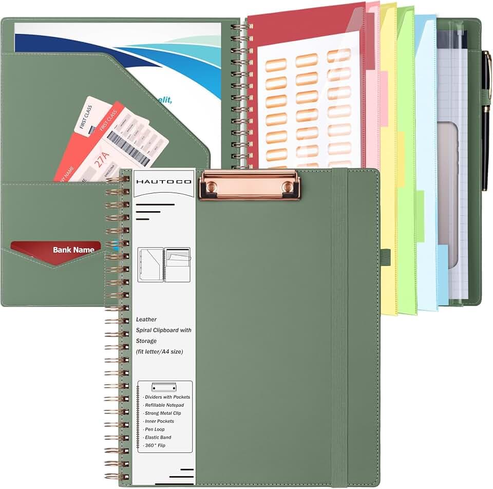 HAUTOCO Klemmbrett Folio mit A4 Zip Beutel, Klemmbrettmappe A4 mit nachfüllbarem Notizblock, Klemmbretter mit 5 Ordnern Lagerung 10 Taschen, Klemmbrett mit Deckel für Schule/Büro, Olivgrün