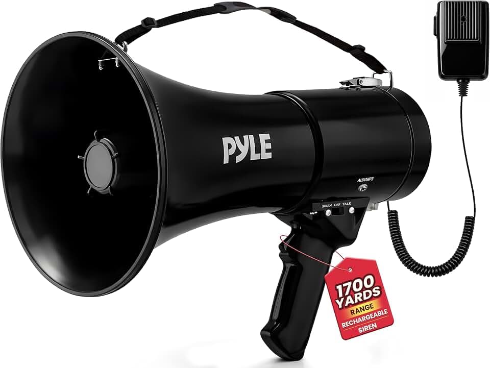 Pyle 50W Portable Megaphone Bullhorn Speaker – Alarm Siren, Adjustable Volume up to 1700 Yards, Aux Input, USB/TF Playback, Lightweight, for Indoor & Outdoor Activities, Sports & Emergency Drills