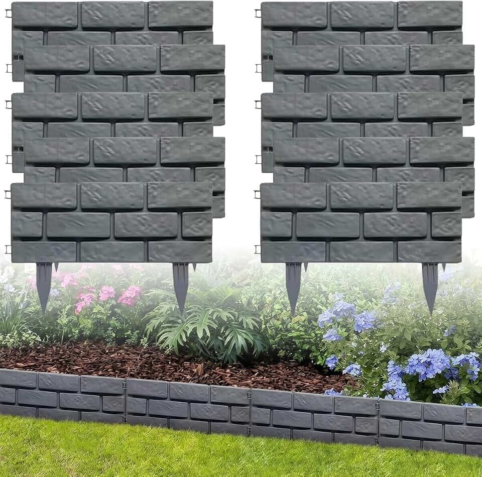 14.5FT/4.4M Brick Effect Garden Edging Border, 7IN/18CM Tall Lawn Flower Bed Edging Decorative Panels,Landscape Edge for Yard Tree Grass Path, DIY Straight/Curved/Circular Shapes -10PCS Grey
