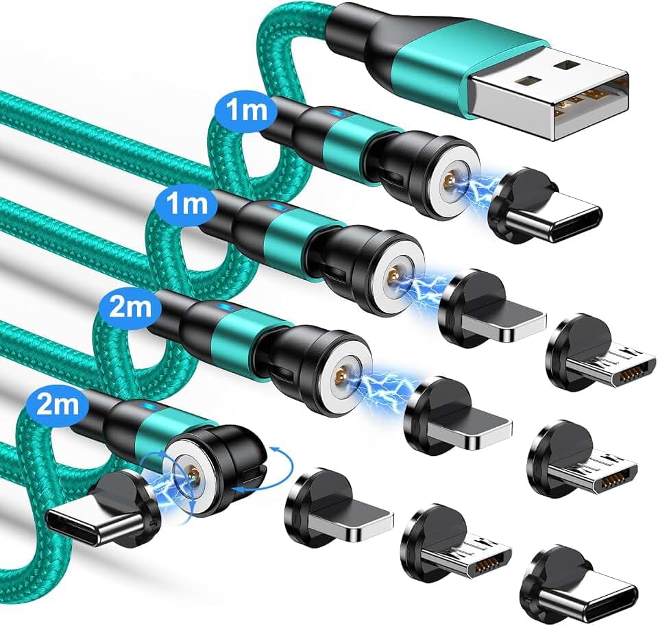 Ladekabel Magnetisch 1PIN, Magnet Ladekabel 4Stück [1m/1m/2m/2m], 360° und 180° Drehbar Magnetisches USB Kabel für Typ C/Micro USB/i-Produkte/Smartphone