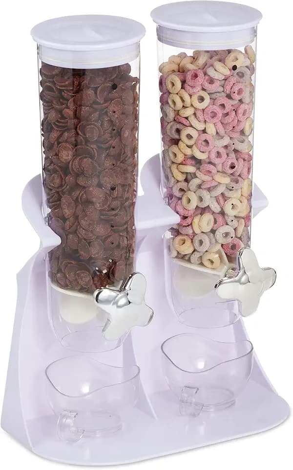 Relaxdays Müslispender doppelt, Cerealienspender für Müsli, Cornflakes, Süßigkeiten, Snackspender Kunststoff, weiß, 1 Stück