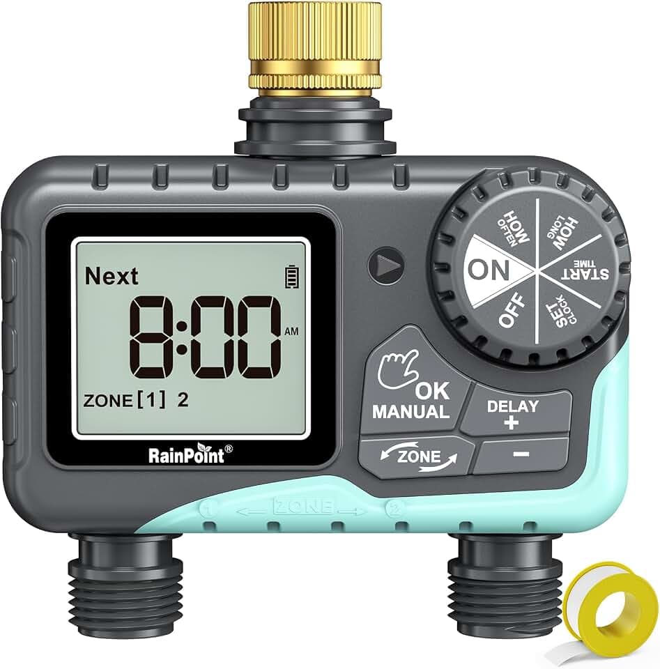 RAINPOINT Sprinkler Timer 2 Outlet, Water Timer for Garden Hose, Programmable Drip Irrigation for Yard Outdoor Watering, Rain Delay/Manual/Automatic