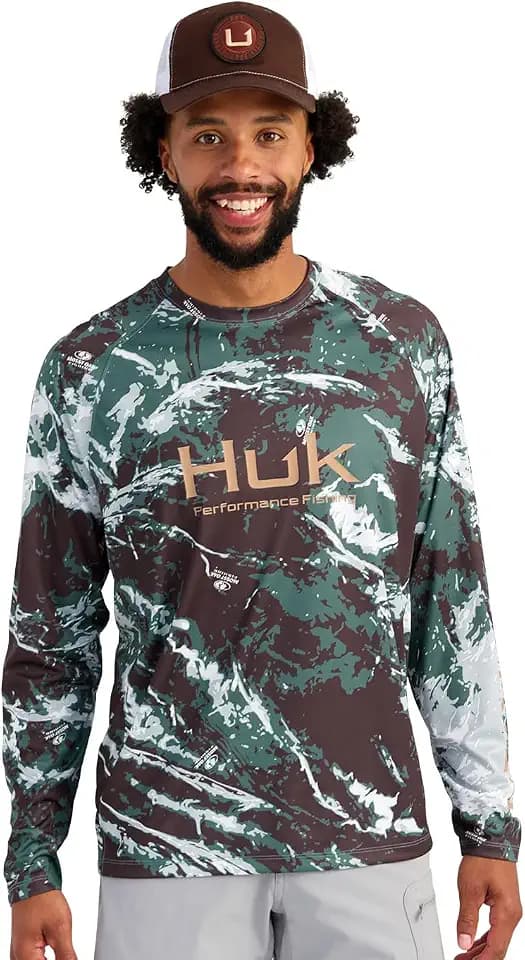 HUK Men's Pursuit Pattern Crew Long Sleeve Shirt, Performance Shirt