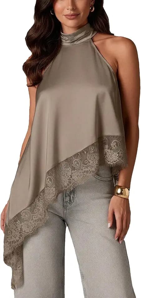 Women Satin Halter Top Y2K Mock Neck Lace Trim Asymmetrical Hem Tank Top Sleeveless Going Out Crop Tops
