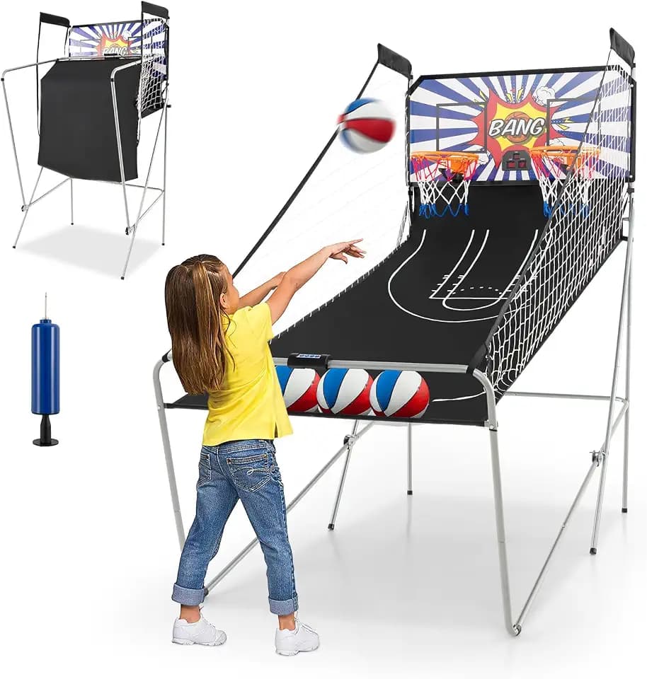 FANTASK Basketballautomat klappbar, 8 in 1 elektrischer Schießmaschine mit 4 Bällen, 8 Spielmodi, Luftpumpe für 2 Spieler für Kinder Erwachsene, Weiß