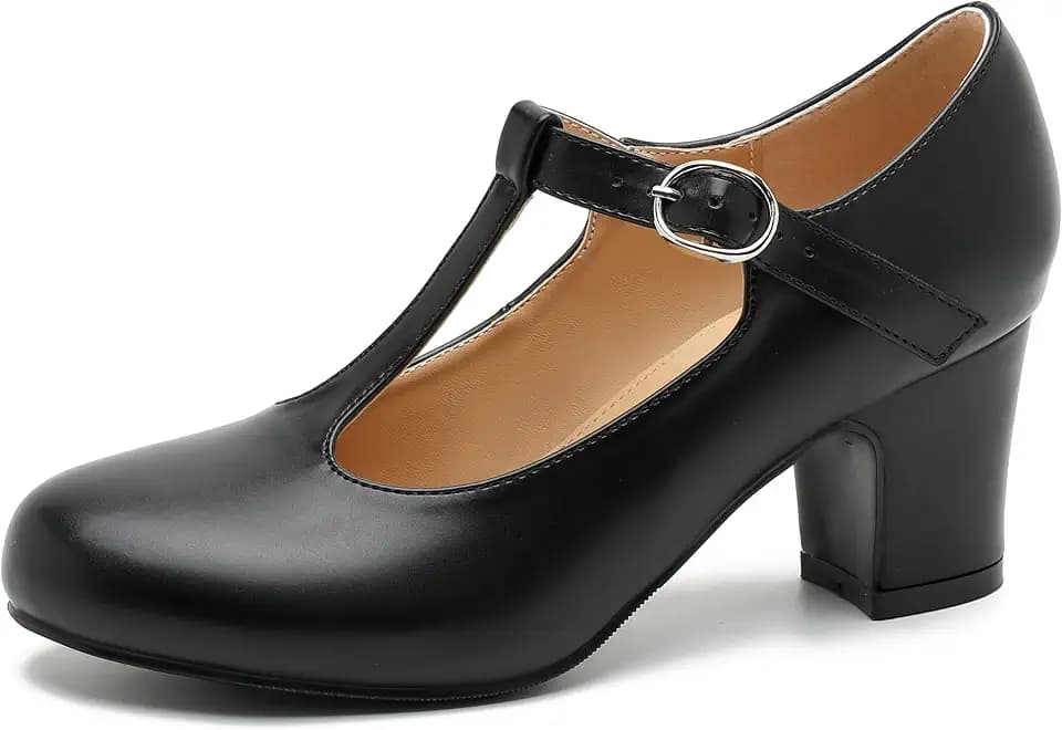 Women's T-Strap Mary Jane Pumps, 2.56 Inch Block Heel, Round Toe Dress Shoes