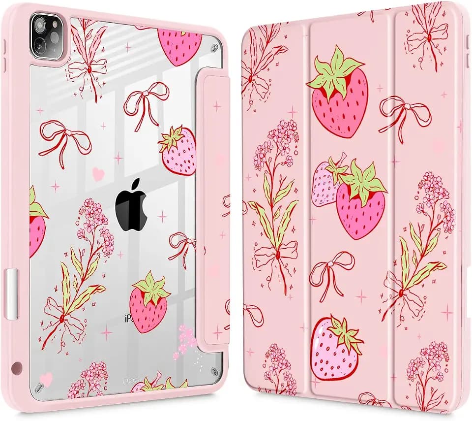 May Chen Case for iPad 12.9 Inch M2 (6th/5th/4th/3rd Generation, 2022/2021/2020/2018), [Penceil Holder] Trifold Stand Auto Wake/Sleep Clear TPU Protection Back Cover, Strawberry Bow