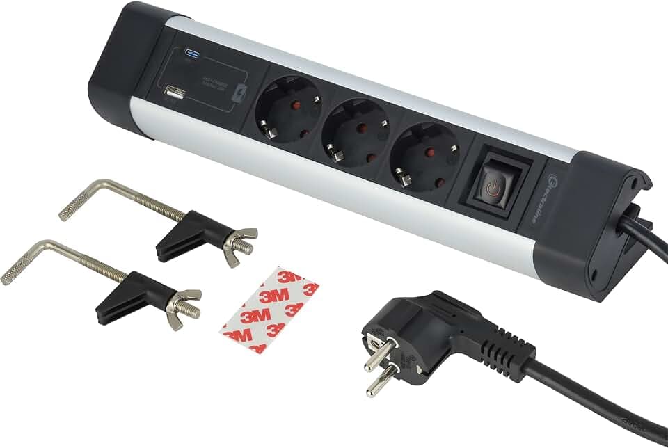Electraline 62581 Steckdosenleiste Alu für den Schreibtisch 3-Fach + 3 USB (2 USB A 3.0A QC + 1 USB C PD20W) Kabel 2 m, Überspannungsschut, Mehrfachsteckdose/Tischsteckdose Steckerleiste