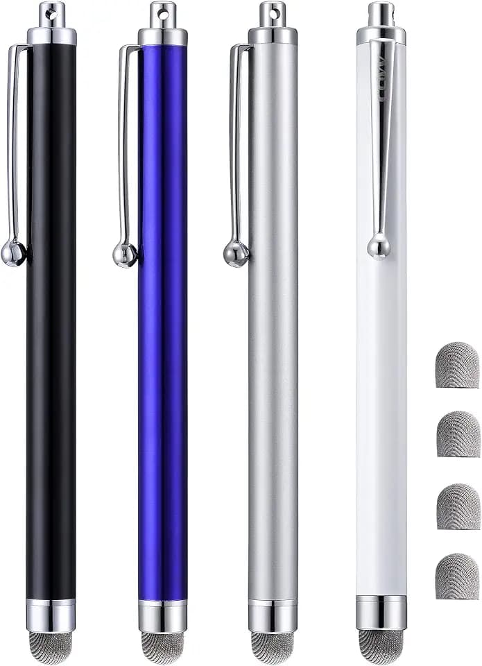 Stylus, 4 Pcs 5.0 Inch Mesh Fiber Tip Stylus Pens for Touch Screen, Compatible with iPad, iPhone, Kindle Fire, 4 Extra Replaceable Hybrid Fiber Tips (White, Black, Silver, Blue)
