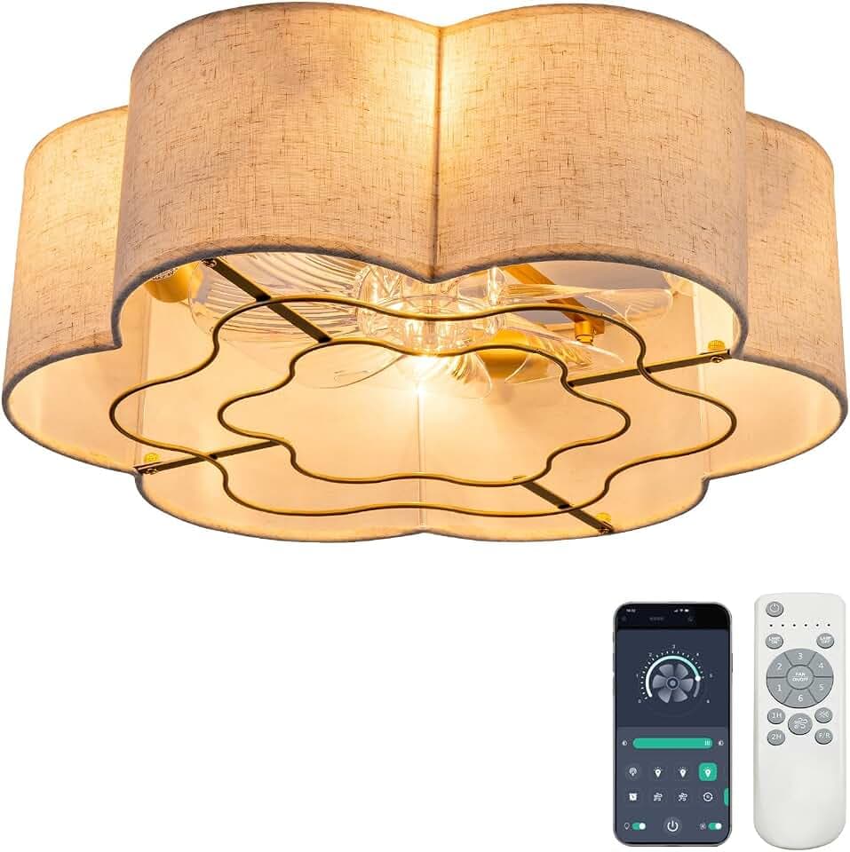 Caged Ceiling Fan with Lights, Flush Mount 20" Boho Ceiling Fans with Lights Remote Control, Low Profile Fabric Bladeless with 6 Speeds for Bedroom, Nursery, Kitchen