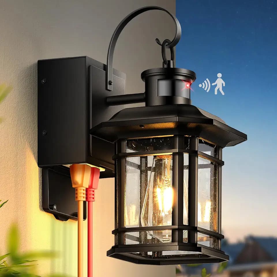 Porch Light with GFCI Outlet, Distance and Time Adjustable Black Motion Sensor Outdoor Lights, Dusk to Dawn 3 Modes Outdoor Light with Outlet for House, Garage, Garden, Waterproof, Aluminum