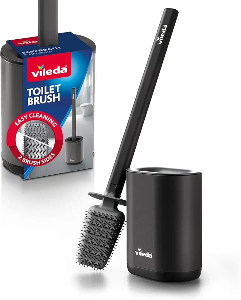 Vileda Silikon Toilettenbürste Schwarz mit Flexkopf und Edelstahlgriff – WC Bürste mit 2-in-1 Reinigungszonen – Hygienisch schnelltrocknend rostfrei geruchsgeschützt langlebig und sofort einsatzbereit
