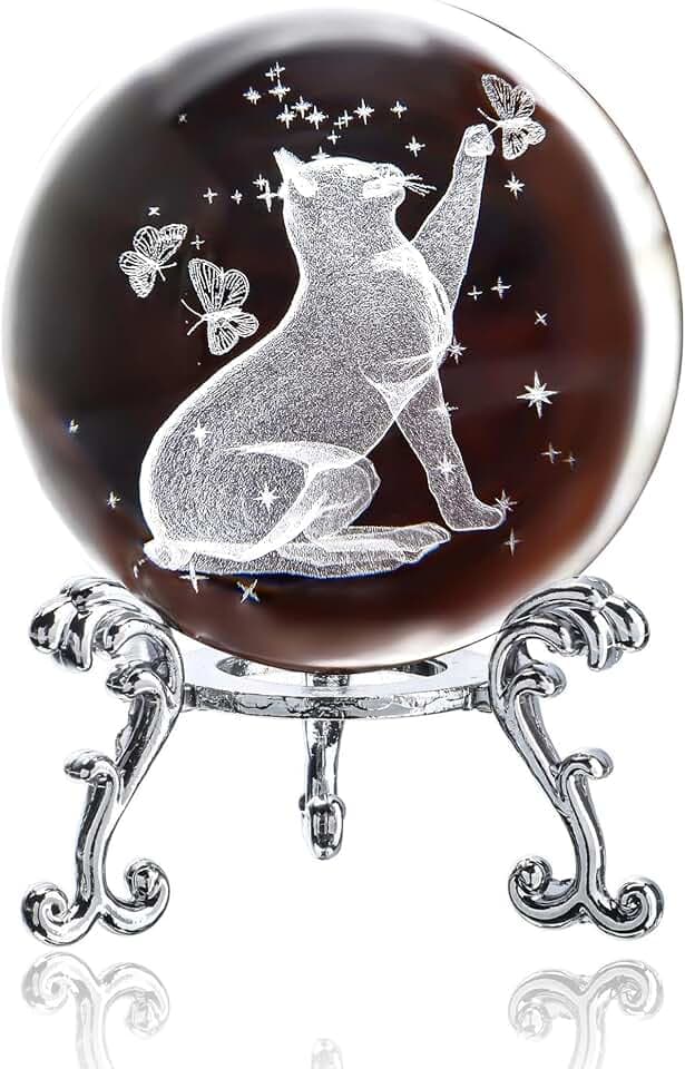 ZEERSHEE 60 mm 3D Katzenkristallkugel mit Ständer Lasergraviertes Glas