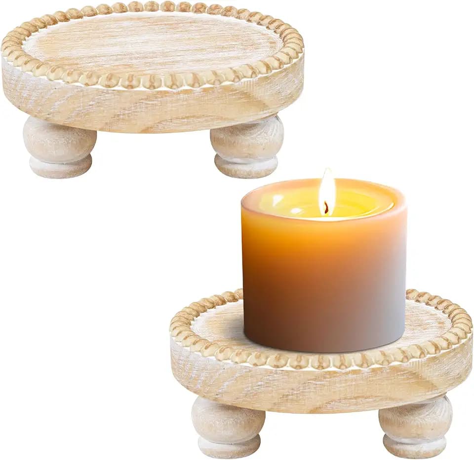 Small Wood Risers for Decor, Round Wooden Display Risers Candle Plates and Trays, Farmhouse Candle Trays Home Decor, Pedestal Stand for Mini Cake, Mug Display Decorative, Table Centerpiece, Brwon