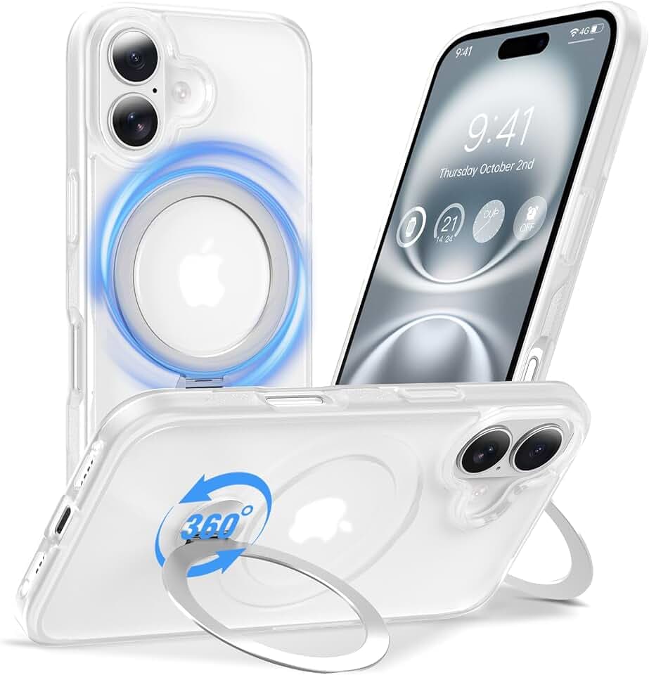Anqrp 360° All-in-One-Ständerhülle für iPhone 16 Hülle mit Rotierbarem Magnetischem Ständerringhalter, Kompatibel mit MagSafe, Matt Stoßfeste MIL-Grade-iPhone 16 Case 6,1 Zoll, Weiß Nebel