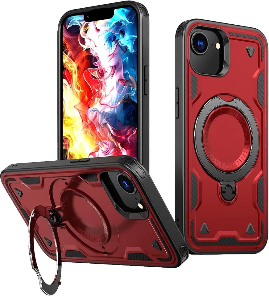 LEMAXELERS kompatibel mit Magsafe Hülle für iPhone 16e Panzerhülle Handy Case Heavy Duty Harte Schutzhülle torras 360 ostand Spin Stoßfeste Handyhülle für iPhone 16E / SE 4 2025 Red TH