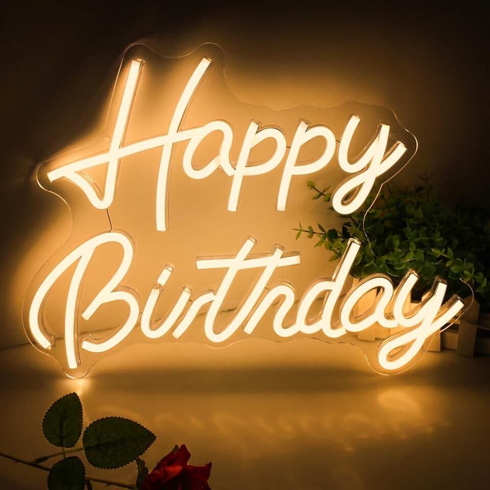 Neon Sign, Happy Birthday LED Neon Schild Warmweißes Neonlicht für Geburtstagsparty Dekoration, USB-Stromversorgung, ca. 42 x 32 cm
