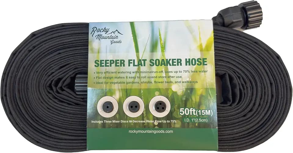 Rocky Mountain Goods 50 Foot Flat Weeper Soaker Hose - Drip Irrigation - Double Layer Design - Saves 70% Water - Consistent Drip Entire Length of Hose - Includes 3 Pressure Reducing Discs