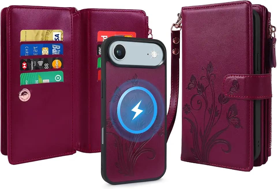 for iPhone Air Case Wallet, Floral Wine Red
