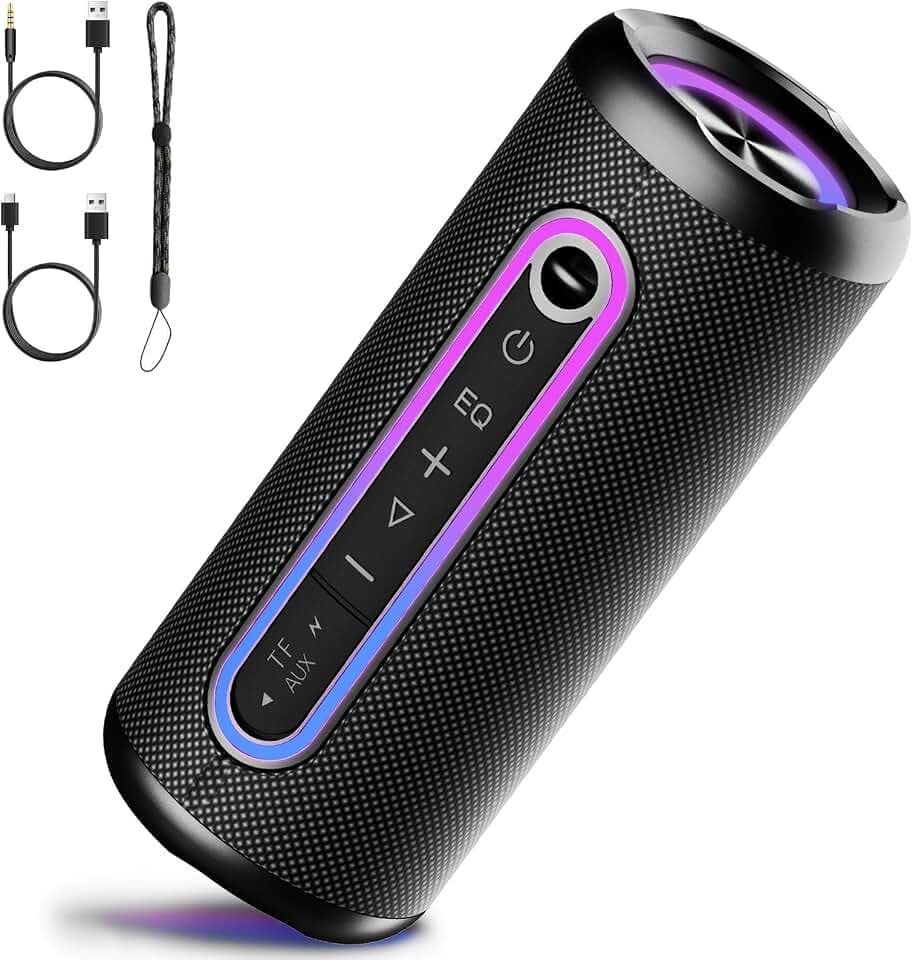TIMU Tragbarer Bluetooth-Lautsprecher, leistungsstark, Bluetooth-Lautsprecher mit 3 EQ-Modus, IPX7 Lautsprecher Bluetooth 5.4 Kopplung TWS, 24 Stunden Akkulaufzeit mit 3 einstellbaren RGB-Lichtern