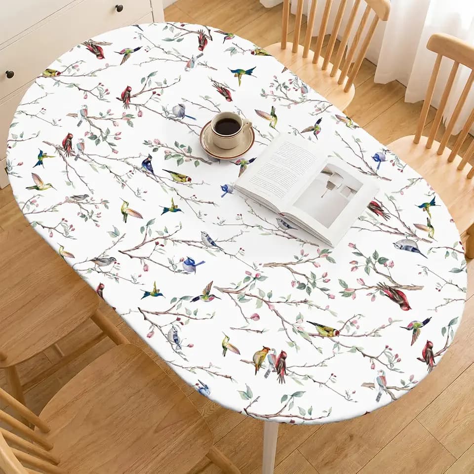 Horaldaily Spring Fitted Tablecloth for 64x44 Inch Oval, Birds Branch White