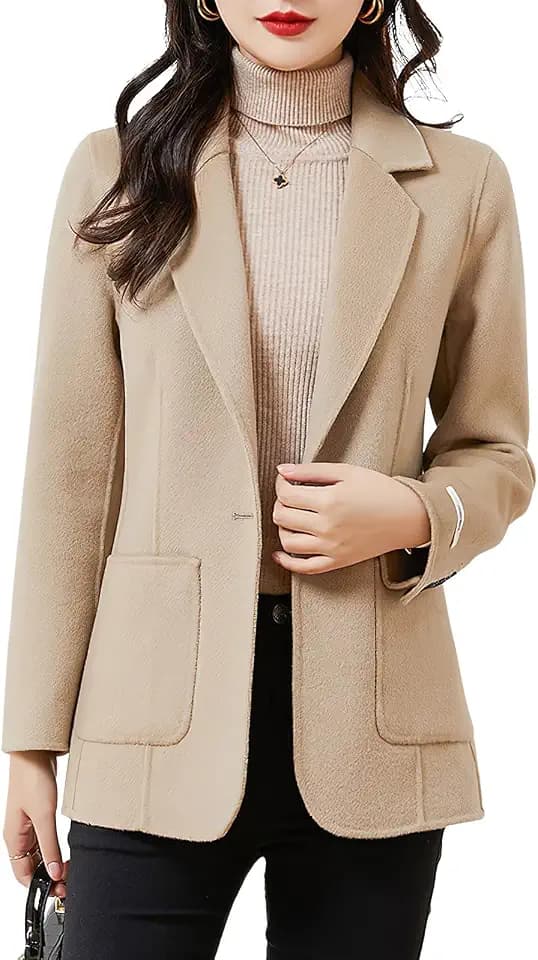 ebossy Women's Wool Pea Coat Notched Lapel 1-Button Business Office Blazer Jacket Elegant Short Coat with Pockets