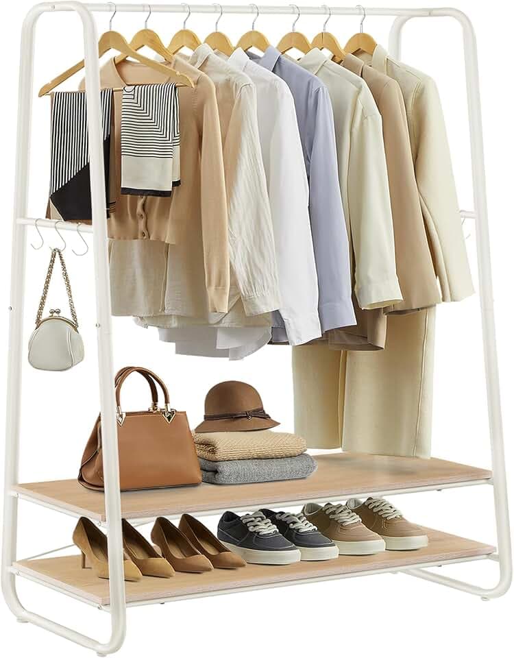 VASAGLE Kleiderständer, Garderobenständer, Garderobe, 2 Ablagen, 6 Haken in S-Form, Stahlgestell, 45 x 100 x 160 cm, für Schlafzimmer, Flur, Eingangsbereich, eichenfarben-cremeweiß RGR112W09