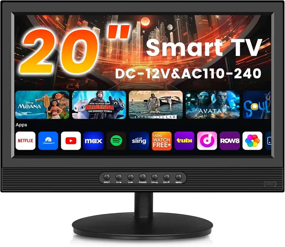 Jexiop 20inch Smart TV,Full HD 1080p LED Flat Screen with ATSC TV,with Built-in HDMI/USB/DC-12IN -Suitable for Kitchen Kid's Room Basement or RV Camper