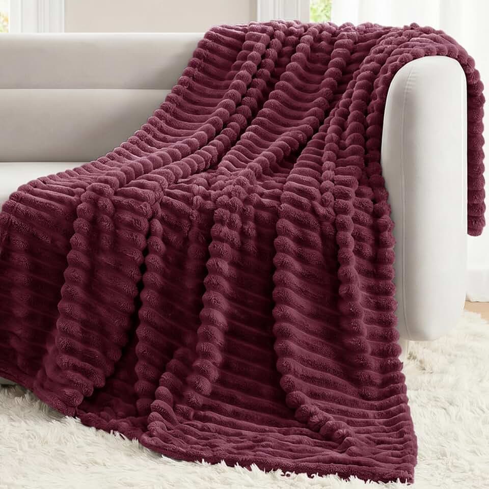 CozyLux Burgundy Twin Blanket for Bed, Ribbed Fleece, 60 x 80 Inch
