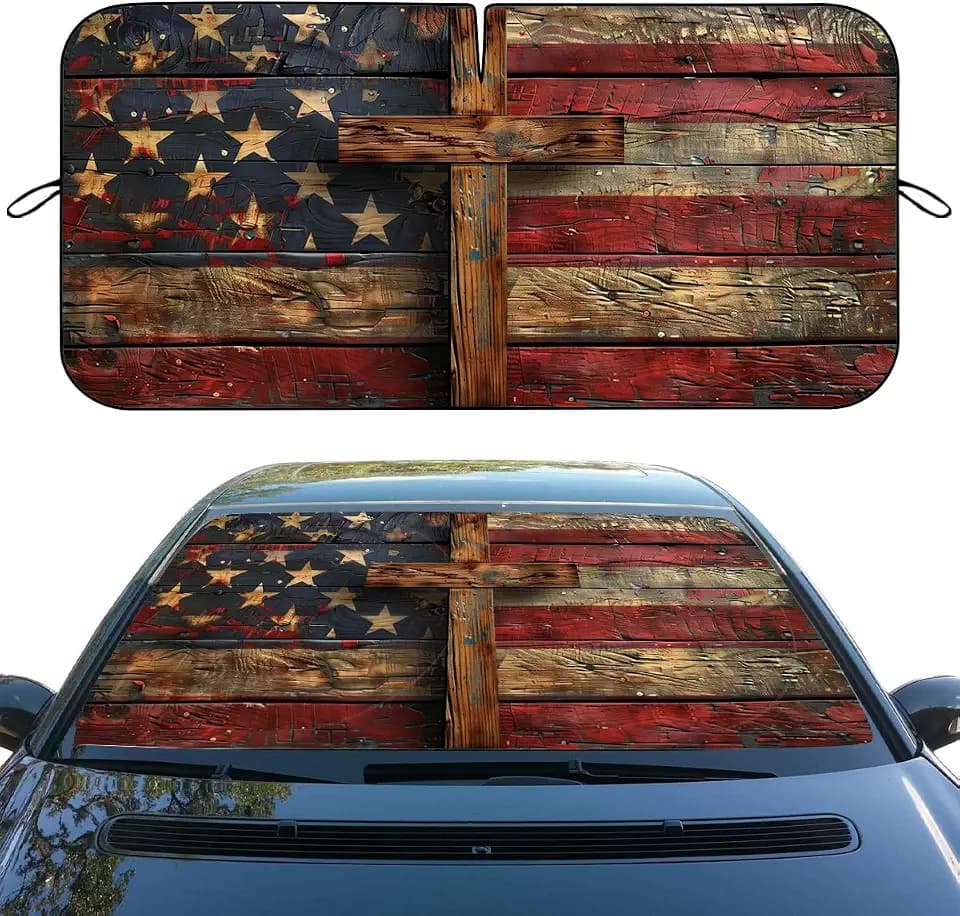 Vintage American Flag Car Windshield Sun Shade, 59" L x 31.5" W, Universal Fit, Blocks UV Rays, Sun Visor Protector for Car, Sedan, Truck, SUV Accessories