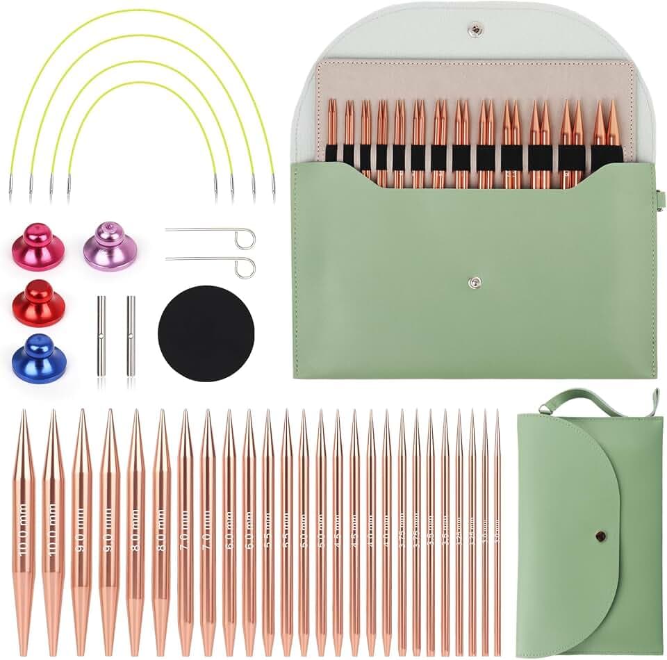 Coopay Auswechselbare Rundstricknadeln Set, 3,0-10,0 mm Rundstricknadeln (4 Längen verstellbar), Stricknadeln Rundstricknadel mit Aufbewahrungstasche,Austauschbare Rundstricknadel, Rosé gold