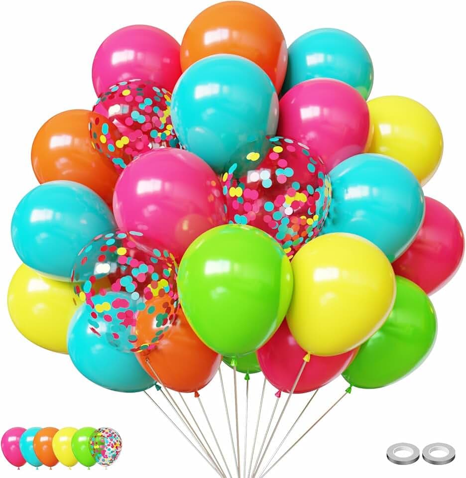 Luftballons Bunt 50 Stück 12 Zoll Latex Ballons Pink Türkis Orange Grün Gelb Konfetti Ballons Set für Sommer Geburtstag Sommerfest Hawaii-Party Gartenparty Einschulung Deko