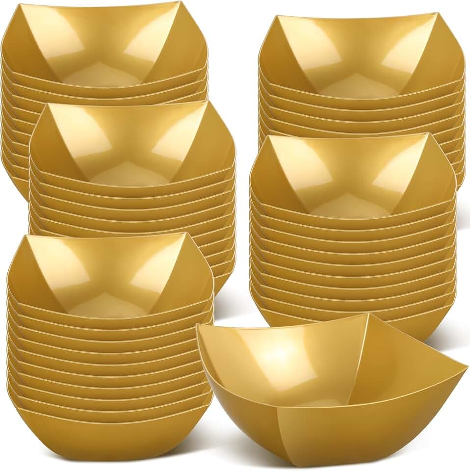Tanlade 50 Pcs Square Plastic Serving Bowls Disposable Salad, Gold, 16 oz
