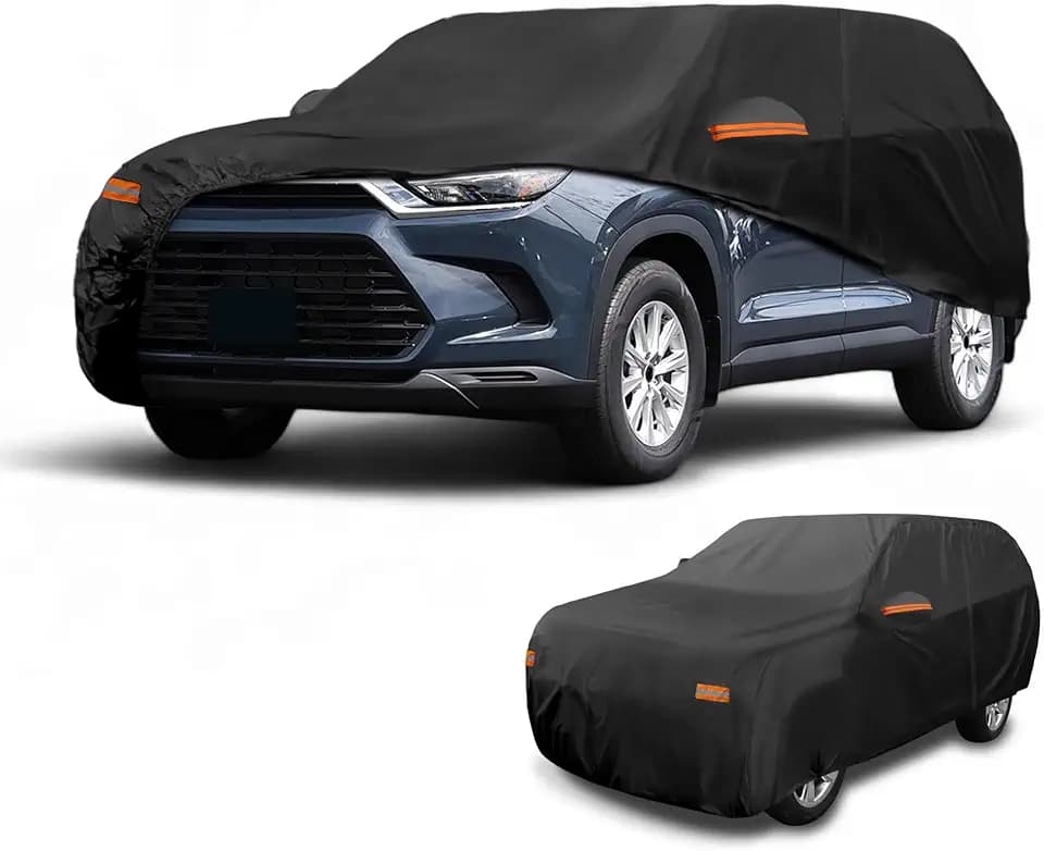 Car Cover Waterproof All Weather Sun Rain Protection Full Exterior Cover for Toyota Grand Highlander 190T-PU Black with Left Side Zippers