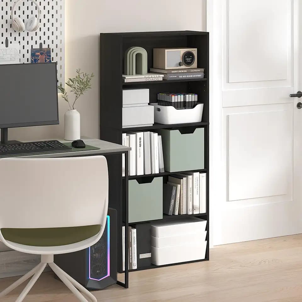 Furinno Jaya Book Shelf, 5-Tier Bookshelf, 52 Inch Tall Standing Bookcase with Adjustable Shelf, 9.5 x 23.6 x 52.6, for Home Office, Bedroom, Living Room, Espresso