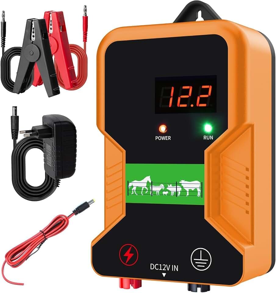 Weidezaungerät 12V mit LED Anzeige, Elektrischer Schäferhund 2J Output für 15 km Reichweite, Wasserdicht Elektrozaungerät für Schutz von Nutztieren, Haustieren, Geflügel, Hausweide, Gärten (Black)