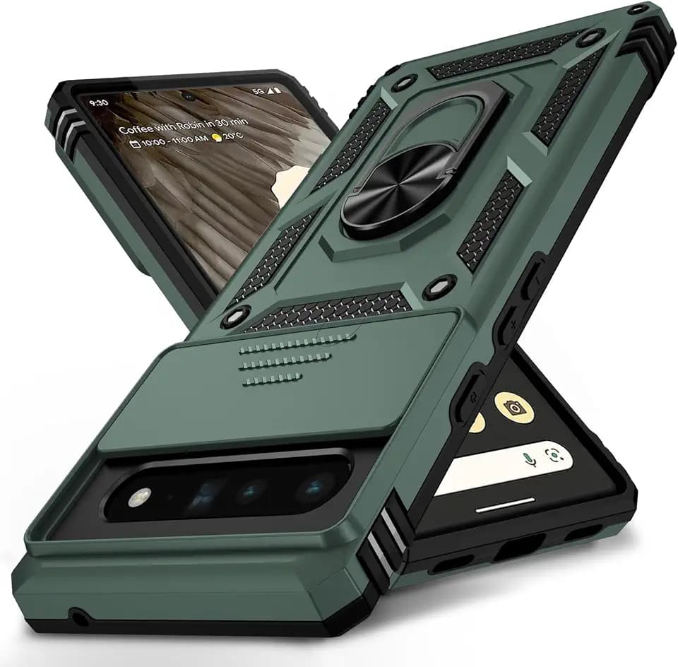 VINVE for Google Pixel 6 Pro Case with Slide Lens Cover, Military Grade Drop Protection, Magnetic Rotated Ring Holder Kickstand Protective Phone Case (Pine Green)