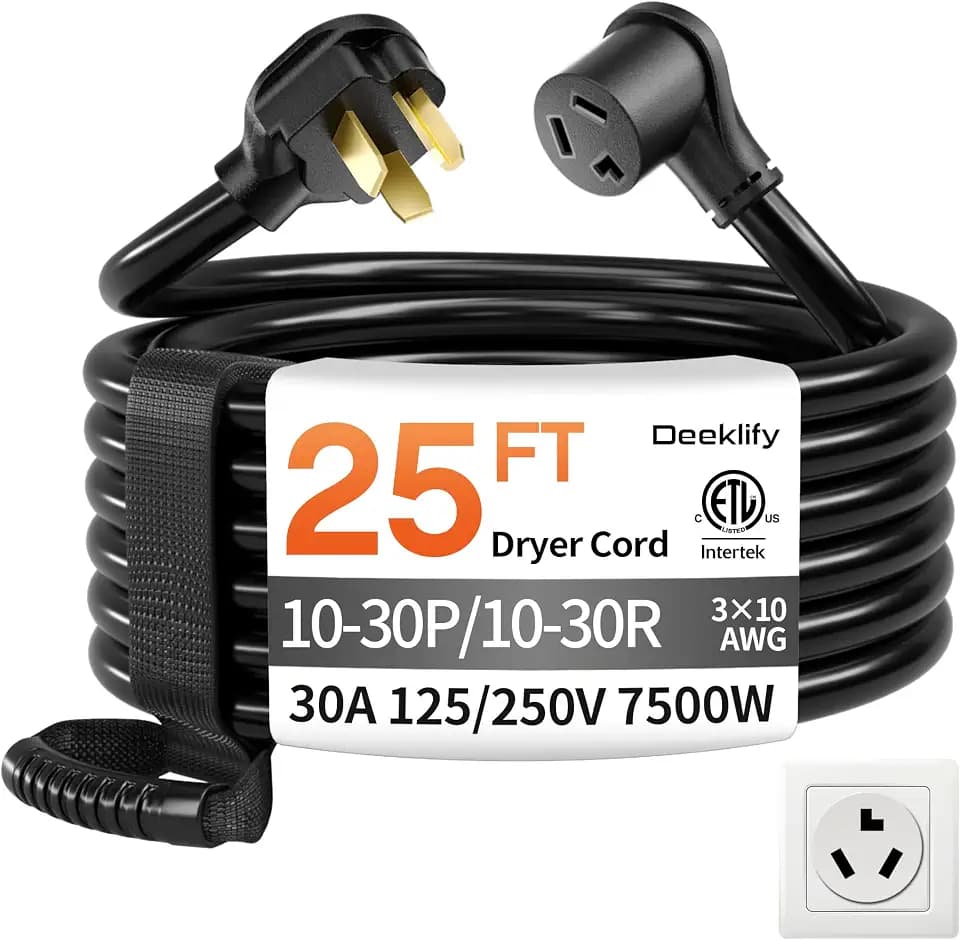 25FT 3 Prong Dryer Extension Cord, 30 AMP 10/3 Gauge, Black