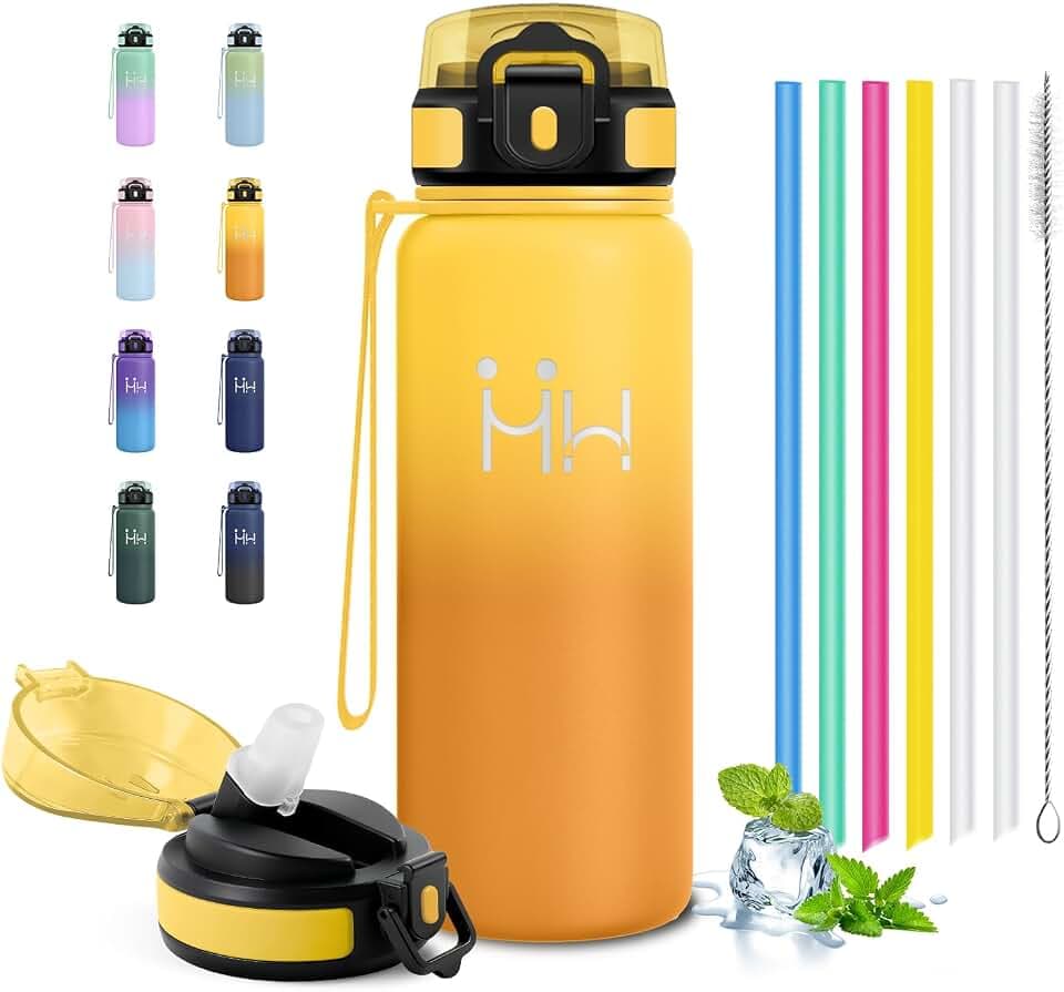 Edelstahl Trinkflasche 750ml, Isolierflasche mit Strohhalm, Metall Thermosflasche Doppelwandig, BPA-Frei, Kohlensäure Geeignet, für Camping, Fitness